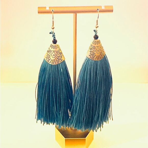 Turquoise Tassel Silver Etched Earrings - Picture 1 of 1